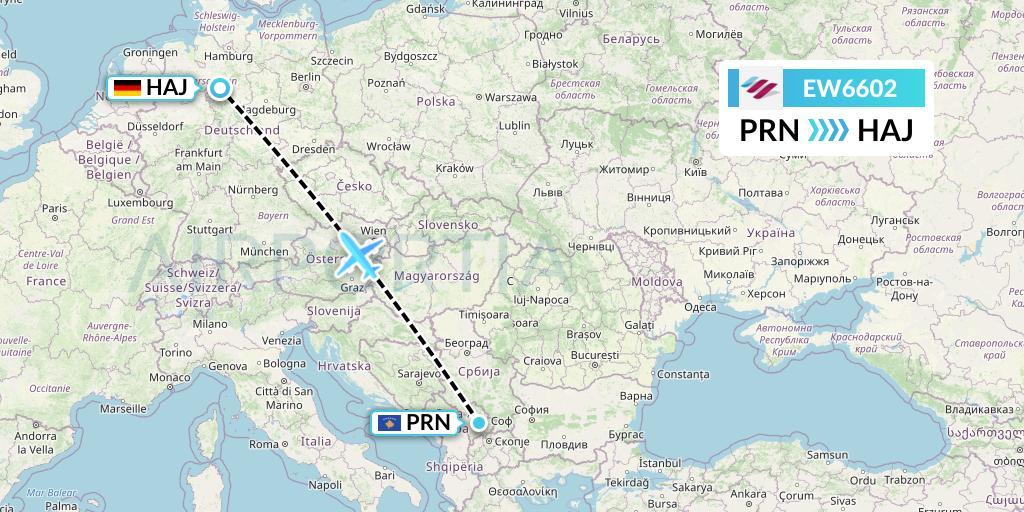 EW6602 Eurowings Flight Map: Pristina to Hannover