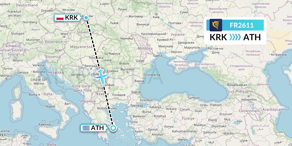 FR2611 Ryanair Flight Map: Krakow to Athens