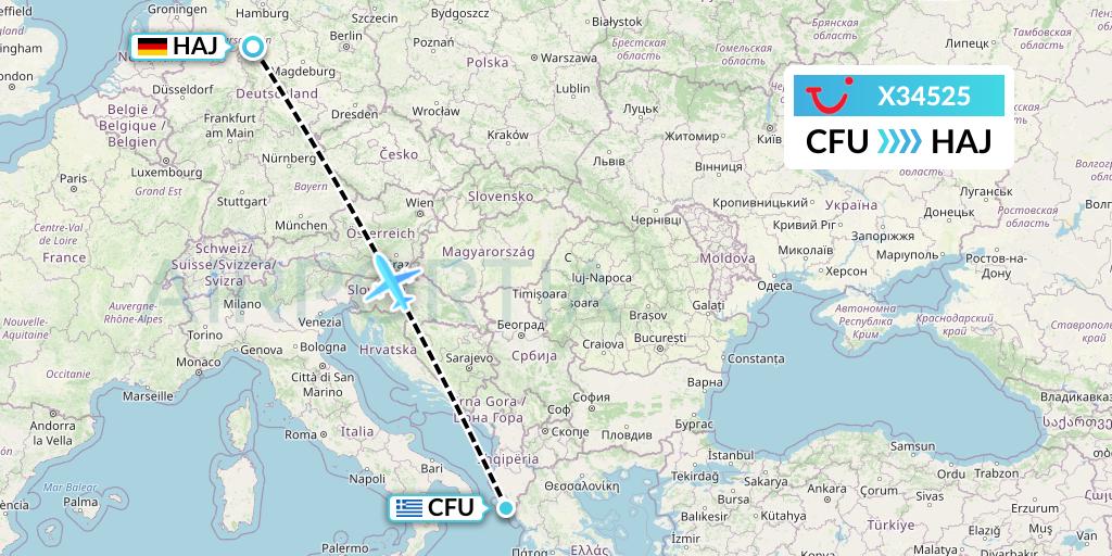 X34525 TUI fly Germany Flight Map: Corfu to Hannover
