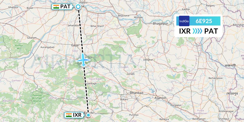 6E925 IndiGo Airlines Flight Map: Ranchi to Patna