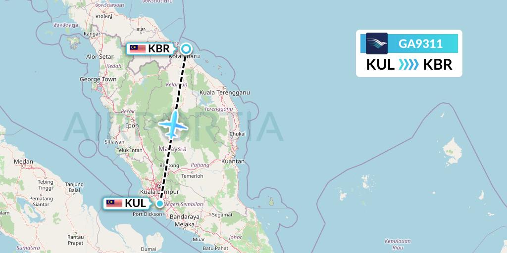 GA9311 Garuda Indonesia Flight Map: Kuala Lumpur to Kota Bharu