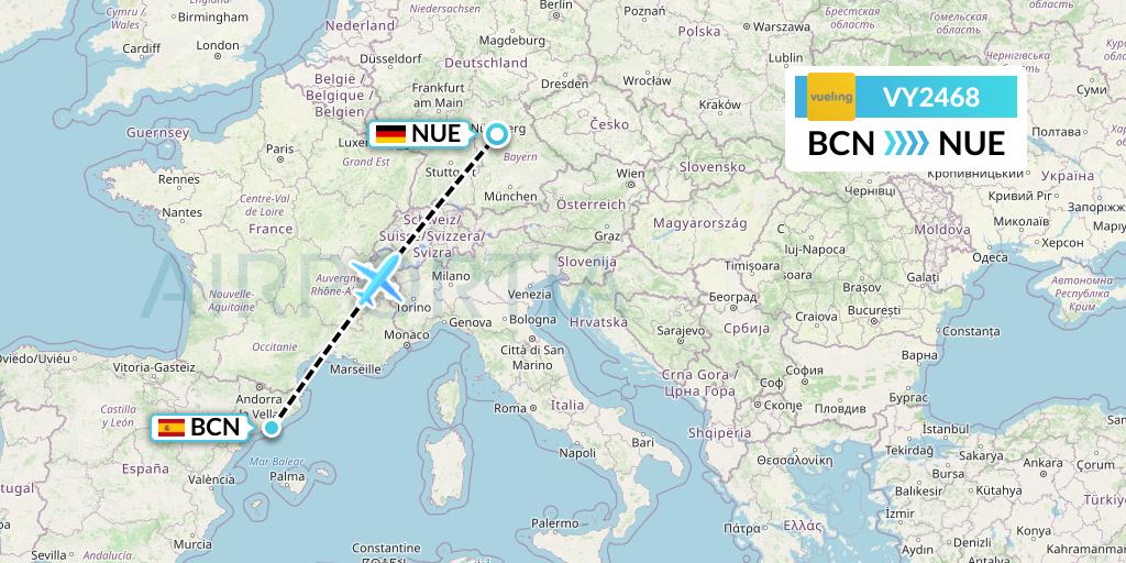 VY2468 Vueling Flight Map: Barcelona to Nurnberg