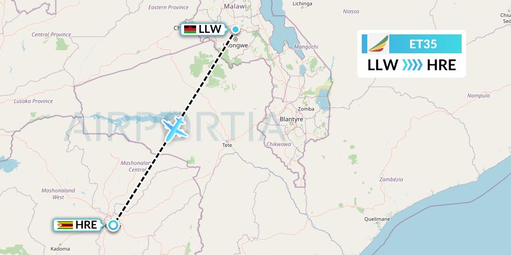 ET35 Ethiopian Airlines Flight Map: Lilongwe to Harare