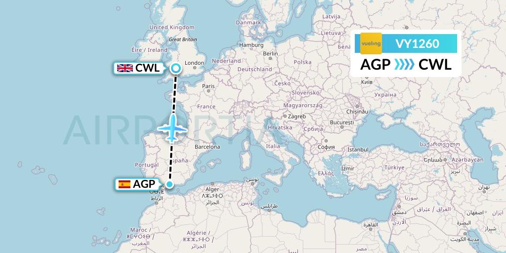 VY1260 Vueling Flight Map: Malaga to Cardiff
