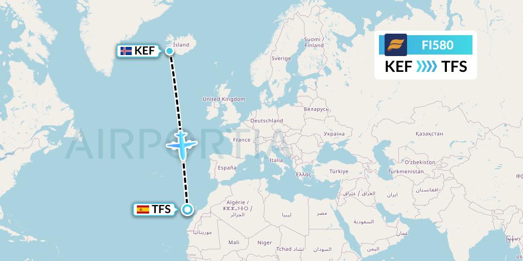 FI580 Icelandair Flight Map: Reykjavik to Tenerife