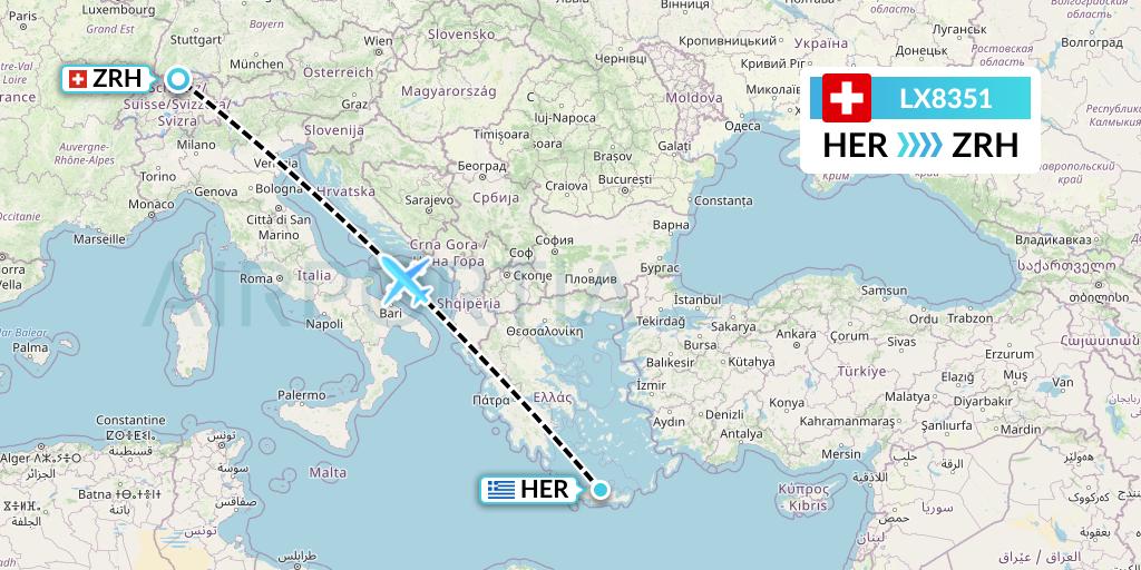 LX8351 Swiss Flight Map: Heraklion to Zurich