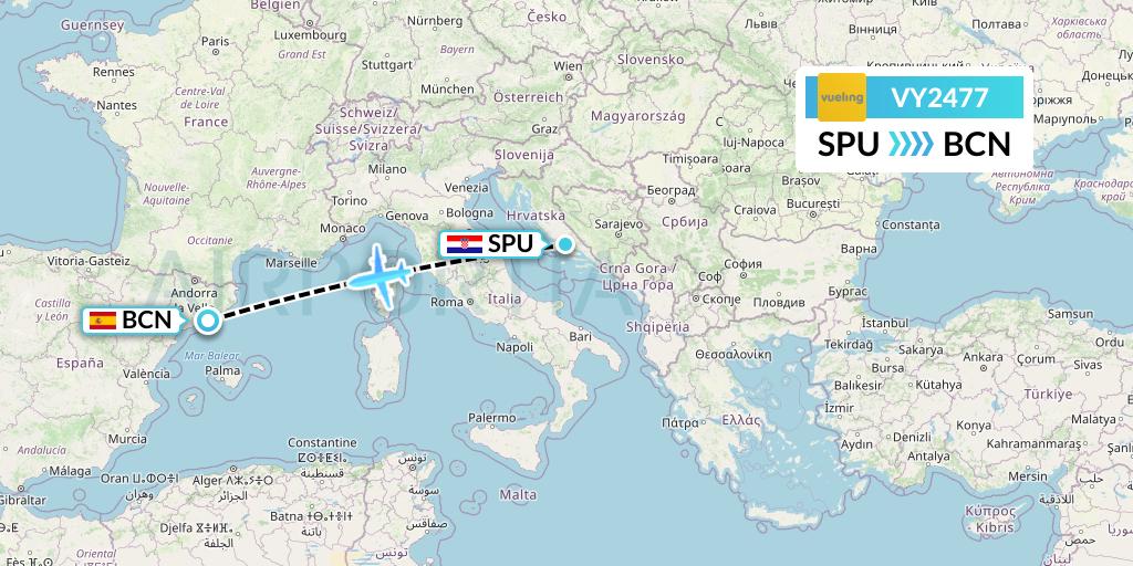 VY2477 Vueling Flight Map: Split to Barcelona
