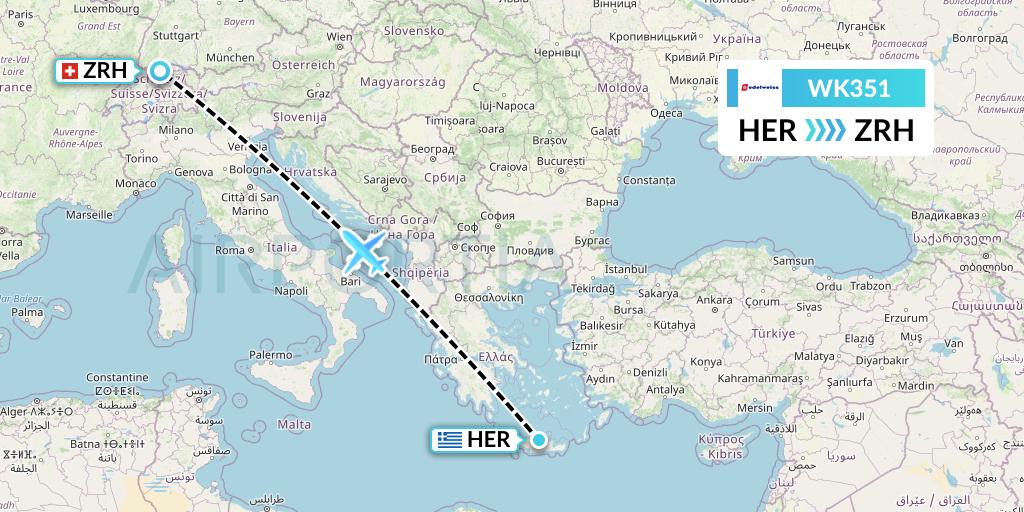 WK351 Edelweiss Air Flight Map: Heraklion to Zurich