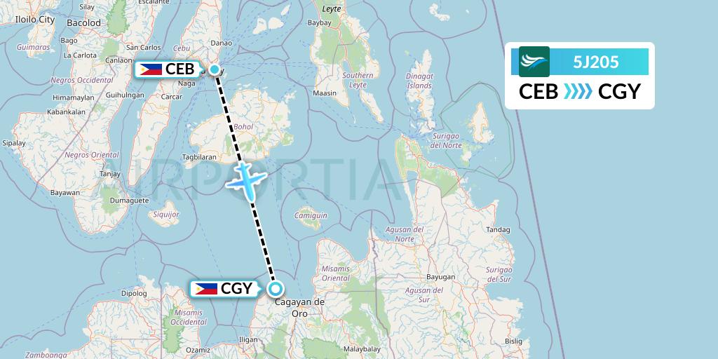 5J205 CEBU Pacific Air Flight Map: Cebu to Cagayan de Oro