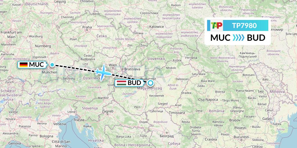 TP7980 TAP Portugal Flight Map: Munich to Budapest