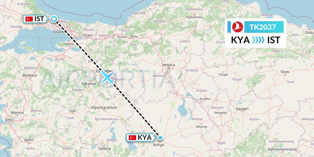 TK2037 Turkish Airlines Flight Map: Konya to Istanbul