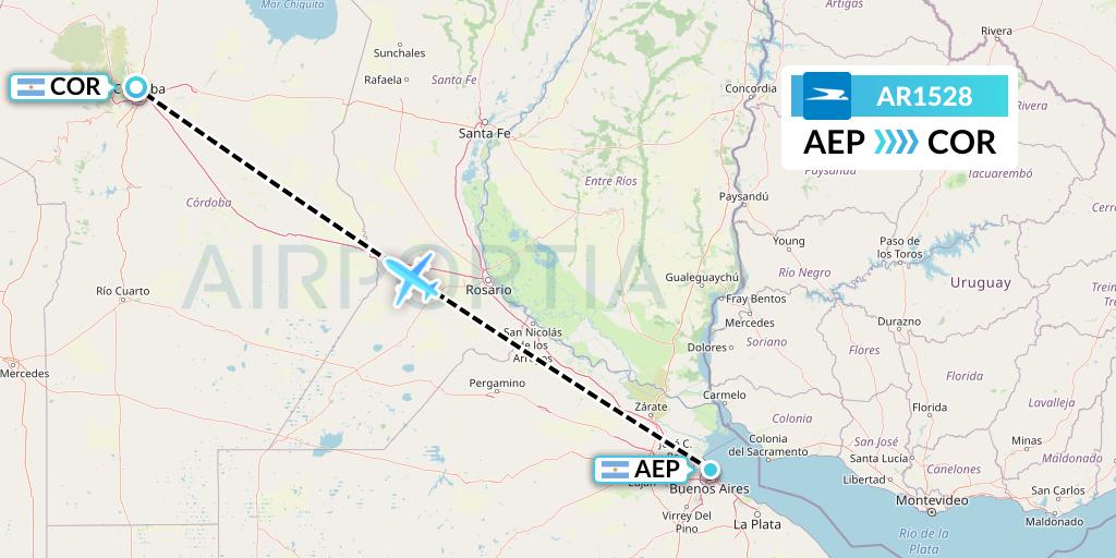 AR1528 Aerolineas Argentinas Flight Map: Buenos Aires to Cordoba