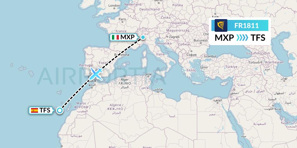 FR1811 Ryanair Flight Map: Milan to Tenerife
