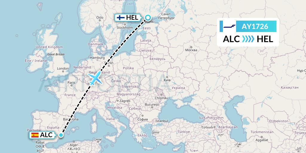 AY1726 Finnair Flight Map: Alicante to Helsinki