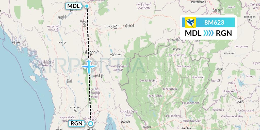 8M623 Myanmar Airways International Flight Map: Mandalay to Yangon
