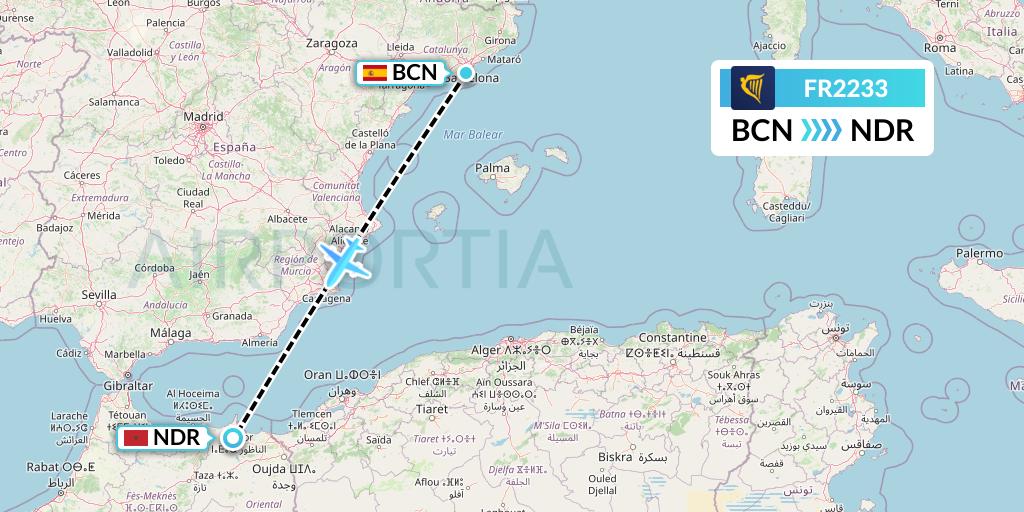 FR2233 Ryanair Flight Map: Barcelona to Nador
