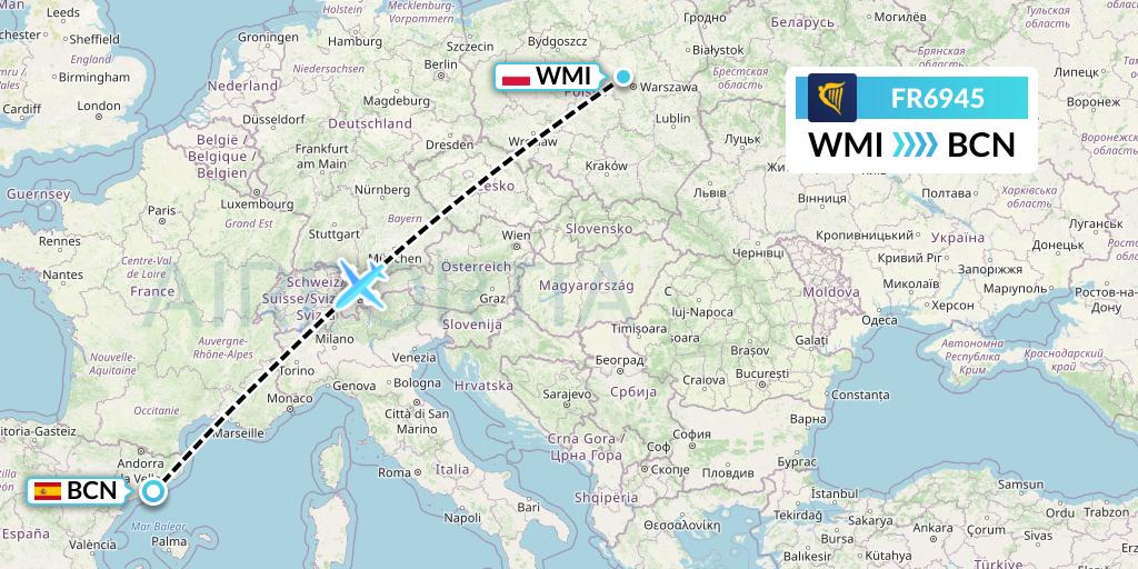 FR6945 Ryanair Flight Map: Warsaw to Barcelona