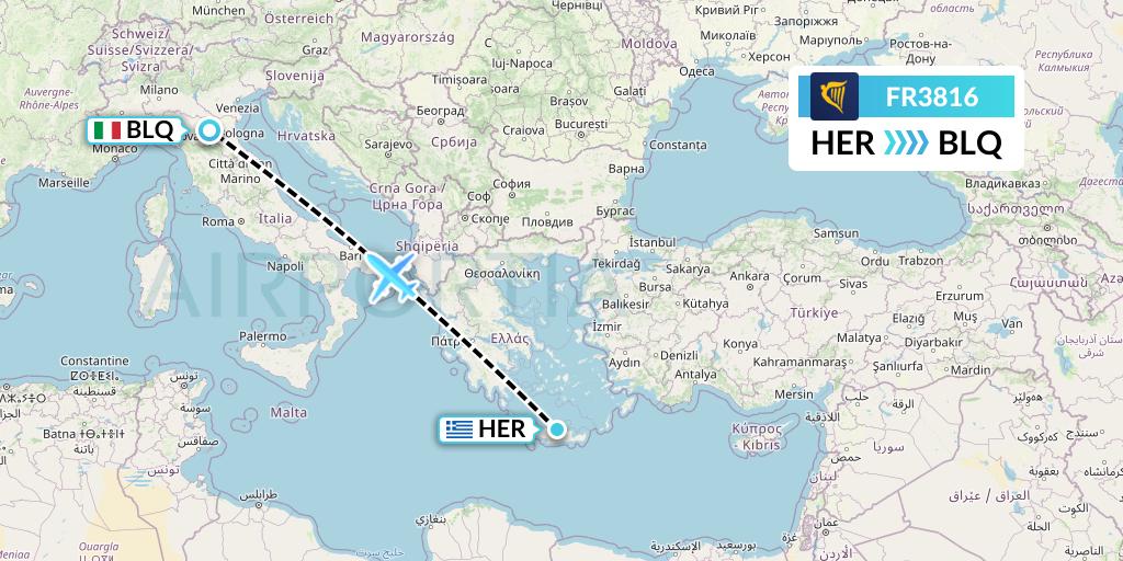 FR3816 Ryanair Flight Map: Heraklion to Bologna