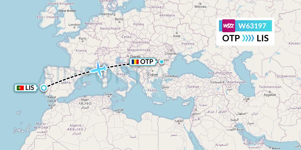 W63197 Wizz Air Flight Map: Bucharest to Lisbon
