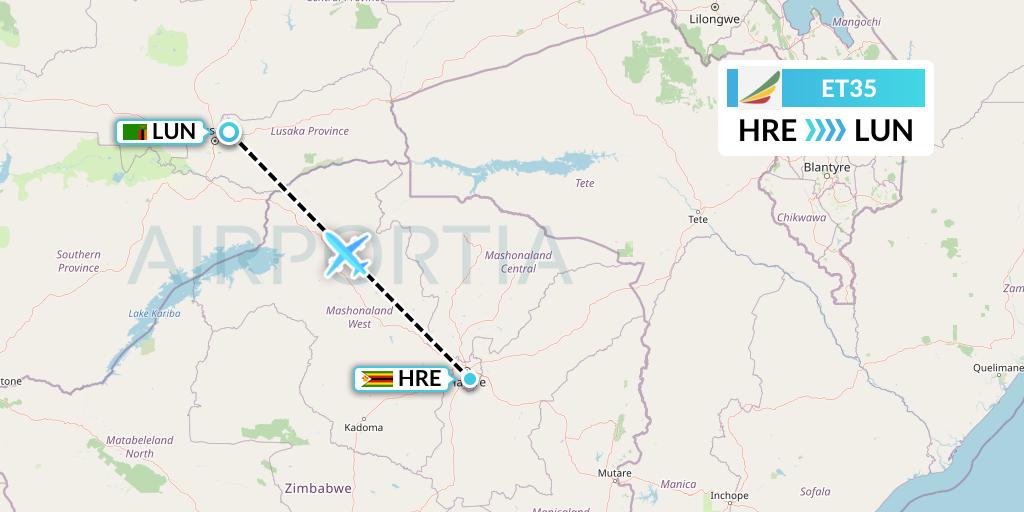 ET35 Ethiopian Airlines Flight Map: Harare to Lusaka