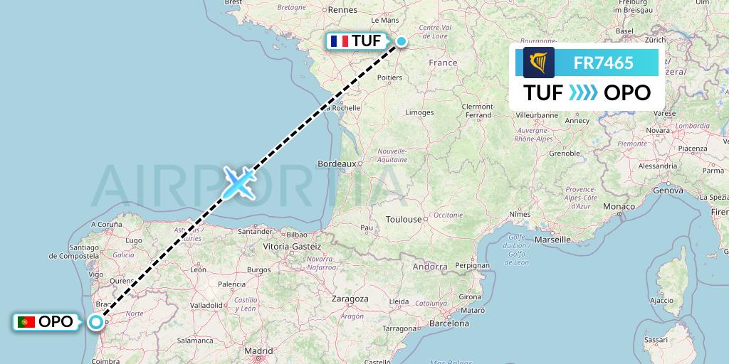 FR7465 Ryanair Flight Map: Tours to Porto