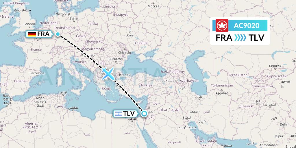 AC9020 Air Canada Flight Map: Frankfurt to Tel Aviv