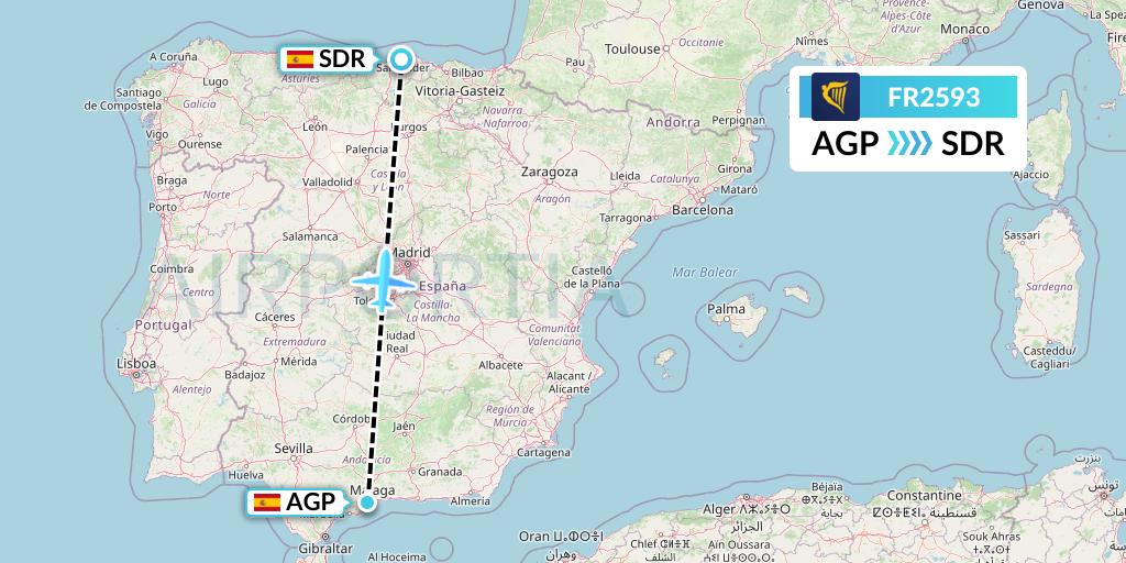 FR2593 Ryanair Flight Map: Malaga to Santander