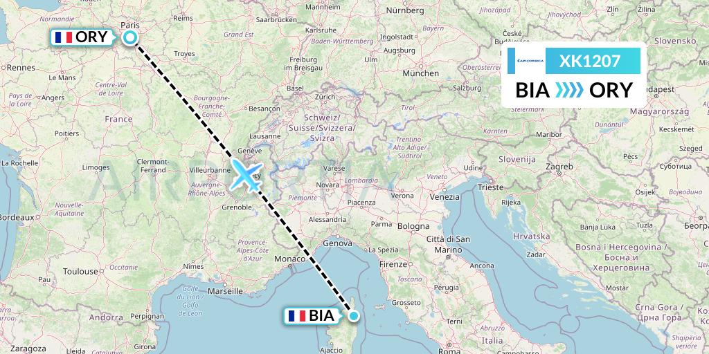 XK1207 Air Corsica Flight Map: Bastia to Paris