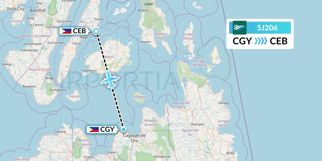 5J206 CEBU Pacific Air Flight Map: Cagayan de Oro to Cebu