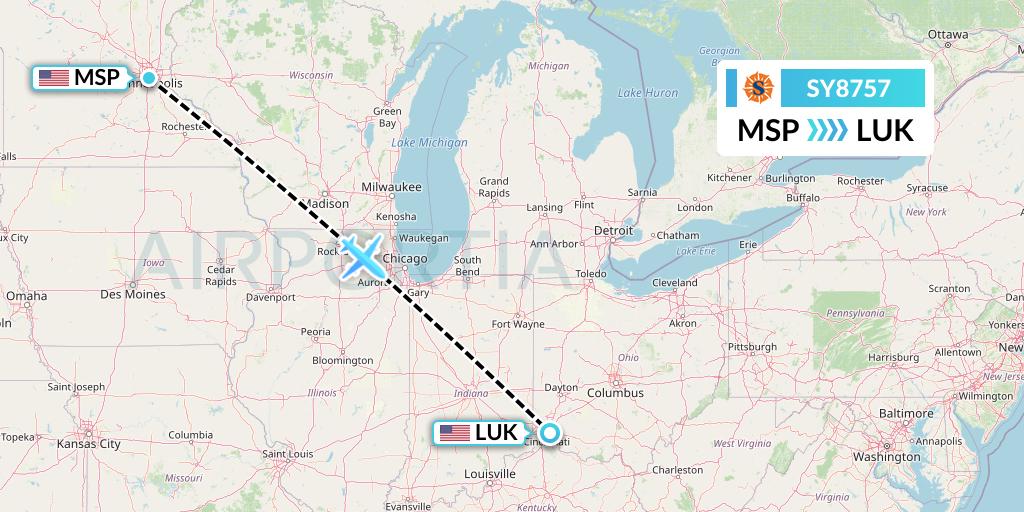 SY8757 Sun Country Airlines Flight Map: Minneapolis to Cincinnati