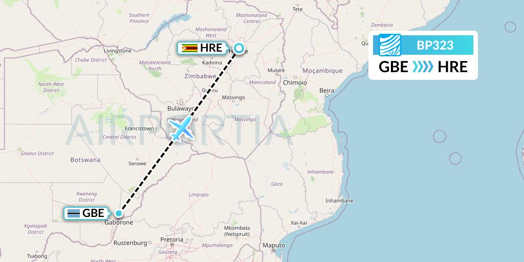 BP323 Air Botswana Flight Map: Gaborone to Harare