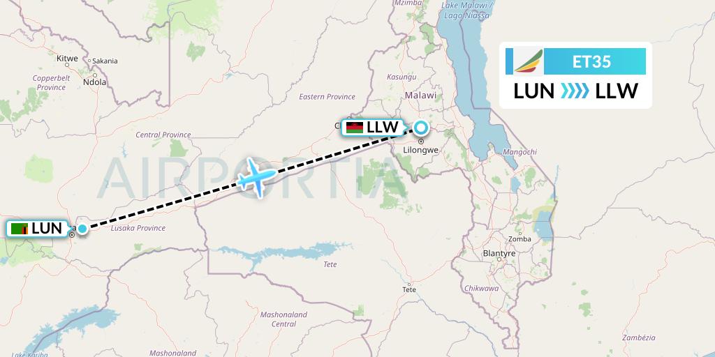 ET35 Ethiopian Airlines Flight Map: Lusaka to Lilongwe