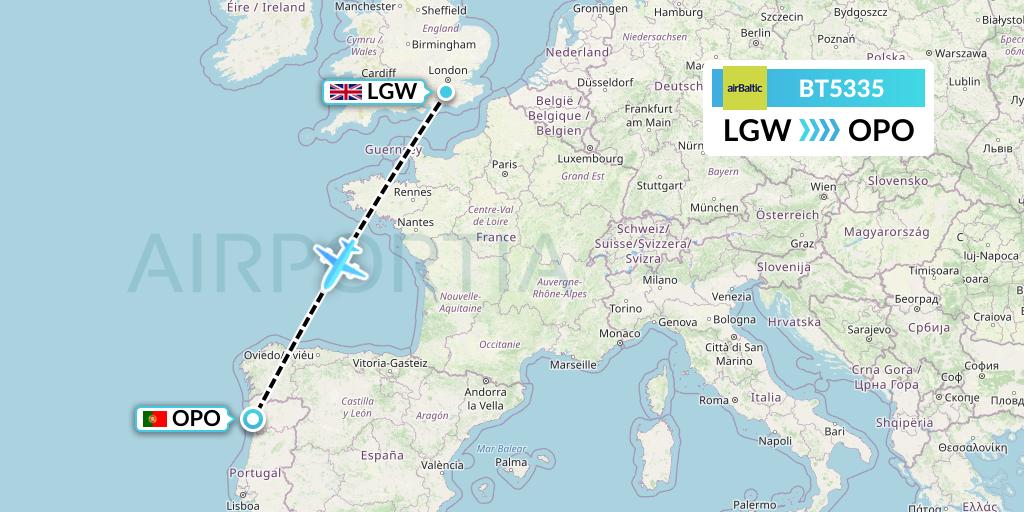 BT5335 Air Baltic Flight Map: London to Porto