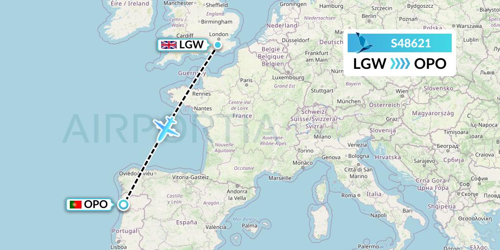 S48621 Azores Airlines Flight Map: London to Porto