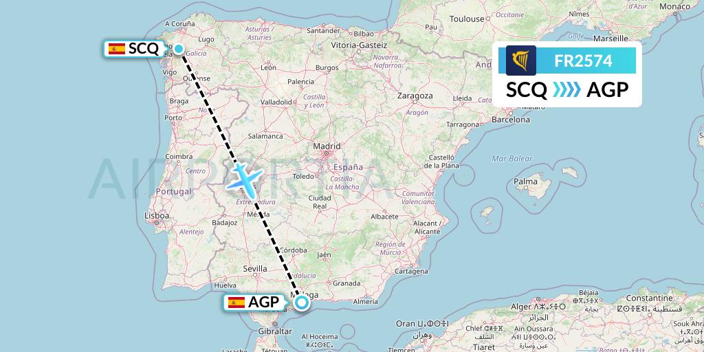 FR2574 Ryanair Flight Map: Santiago to Malaga