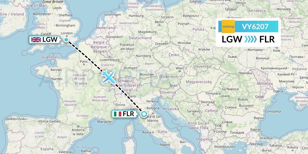 VY6207 Vueling Flight Map: London to Florence