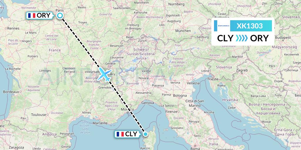 XK1303 Air Corsica Flight Map: Calvi to Paris