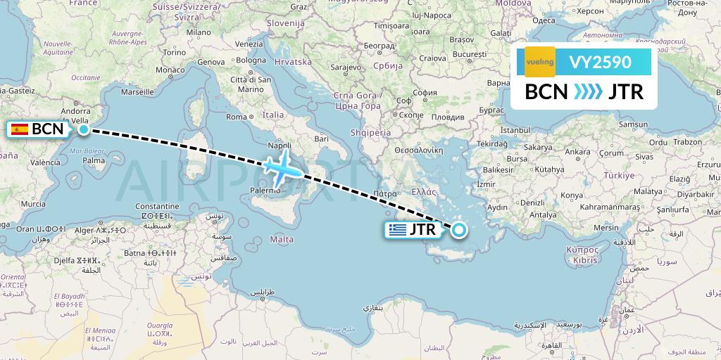 VY2590 Vueling Flight Map: Barcelona to Santorini