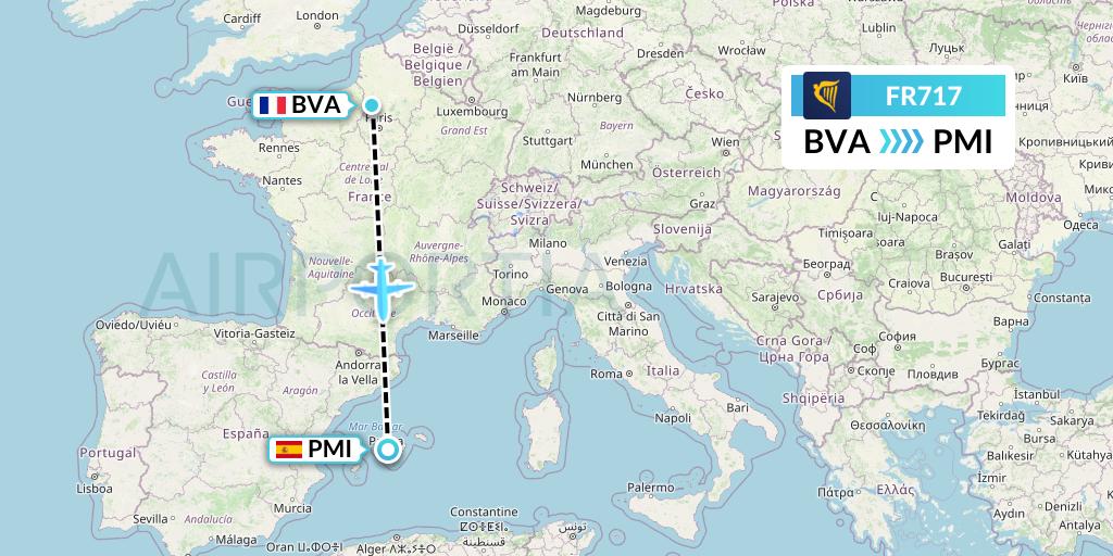 FR717 Ryanair Flight Map: Paris to Palma de Mallorca
