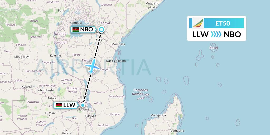 ET50 Ethiopian Airlines Flight Map: Lilongwe to Nairobi
