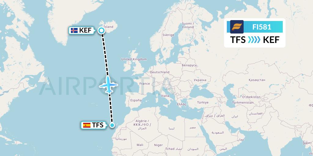 FI581 Icelandair Flight Map: Tenerife to Reykjavik