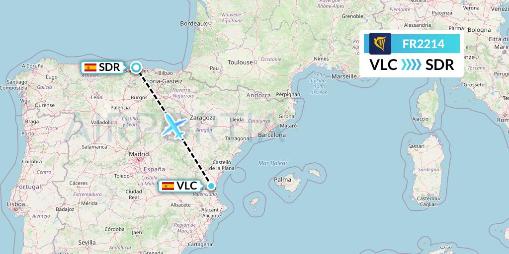 FR2214 Ryanair Flight Map: Valencia to Santander