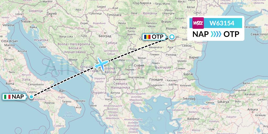 W63154 Wizz Air Flight Map: Naples to Bucharest