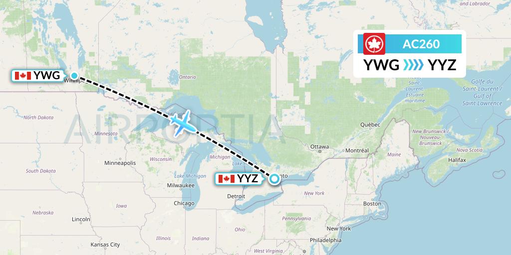 AC260 Air Canada Flight Map: Winnipeg to Toronto
