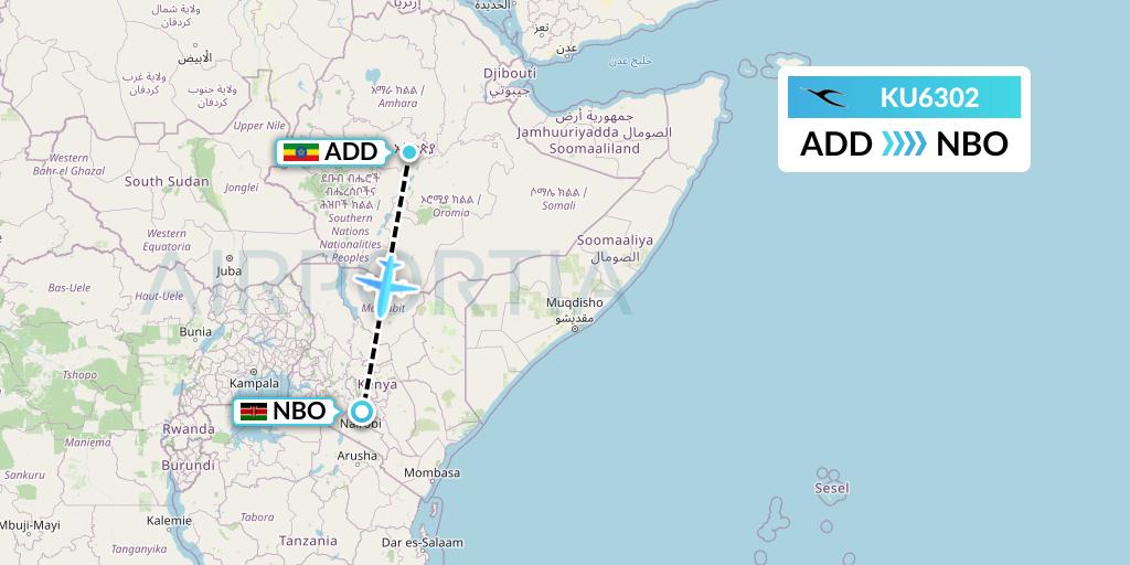 KU6302 Kuwait Airways Flight Map: Addis Ababa to Nairobi