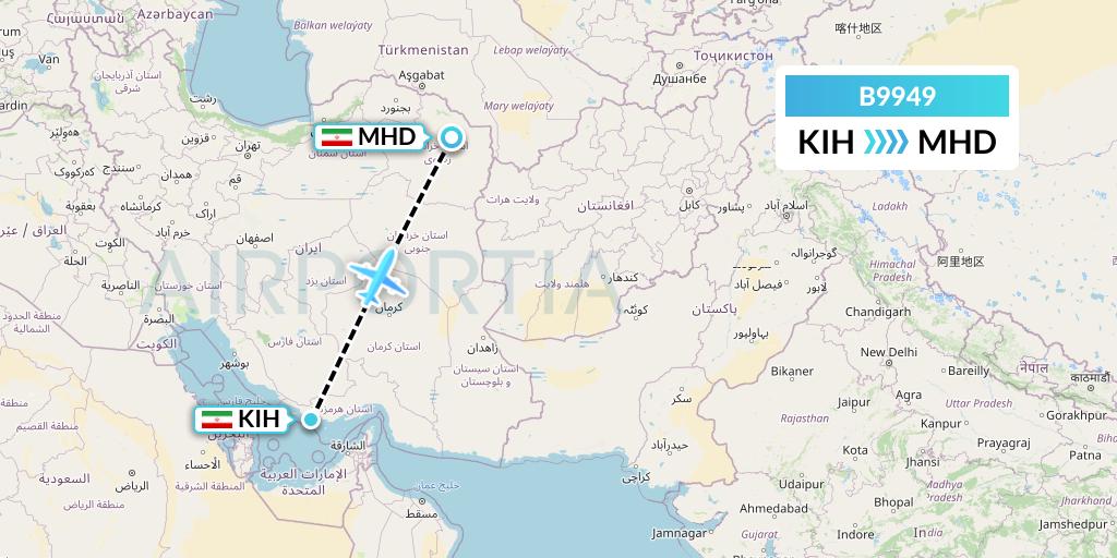 B9949 Iran Air Tours Flight Map: Kish Island to Mashhad