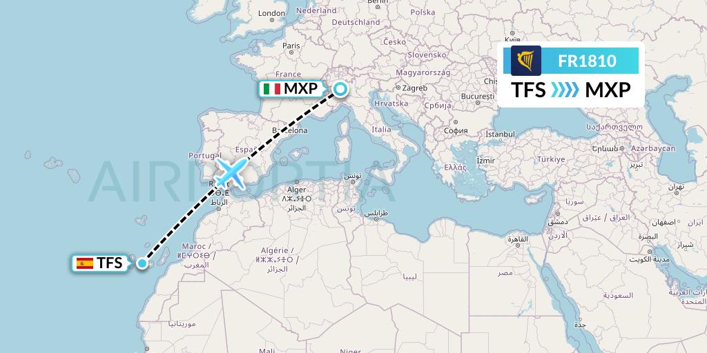 FR1810 Ryanair Flight Map: Tenerife to Milan