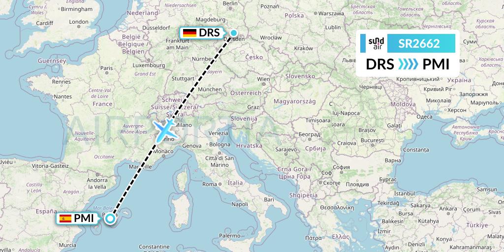 SR2662 SundAir Flight Map: Dresden to Palma de Mallorca