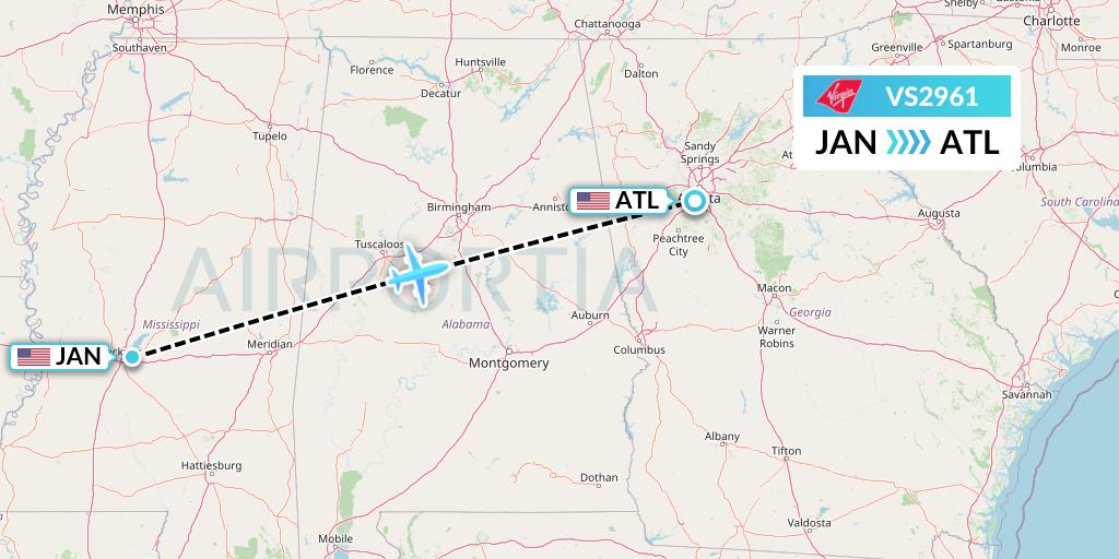 VS2961 Virgin Atlantic Airways Flight Map: Jackson to Atlanta