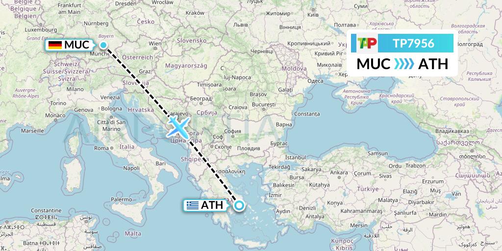 TP7956 TAP Portugal Flight Map: Munich to Athens
